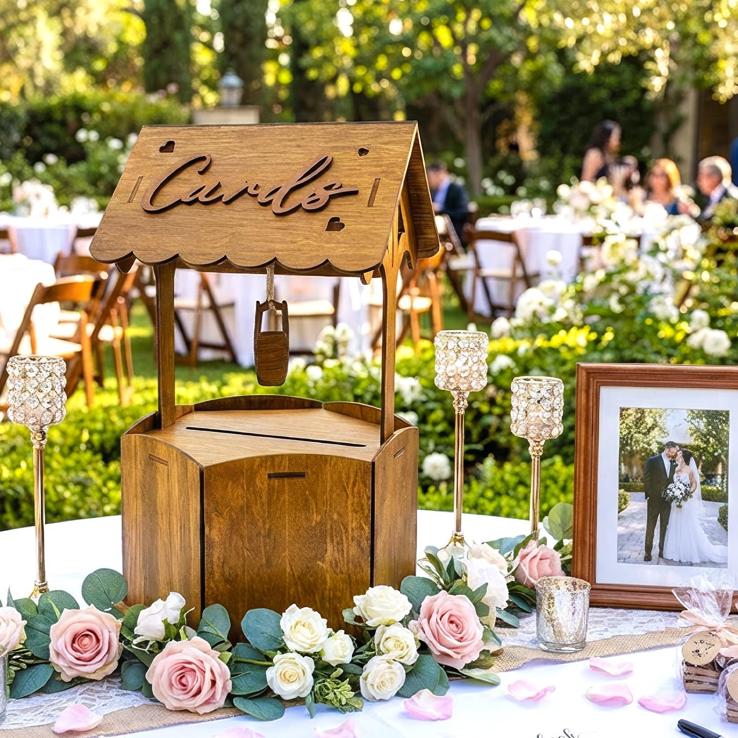 OurWarm Brown Wood Wishing Well Wedding Card Box for Reception, Rustic Wooden Boxes Money Gift Card Box for Party Wedding Decorations Birthday & Baby Shower Decor