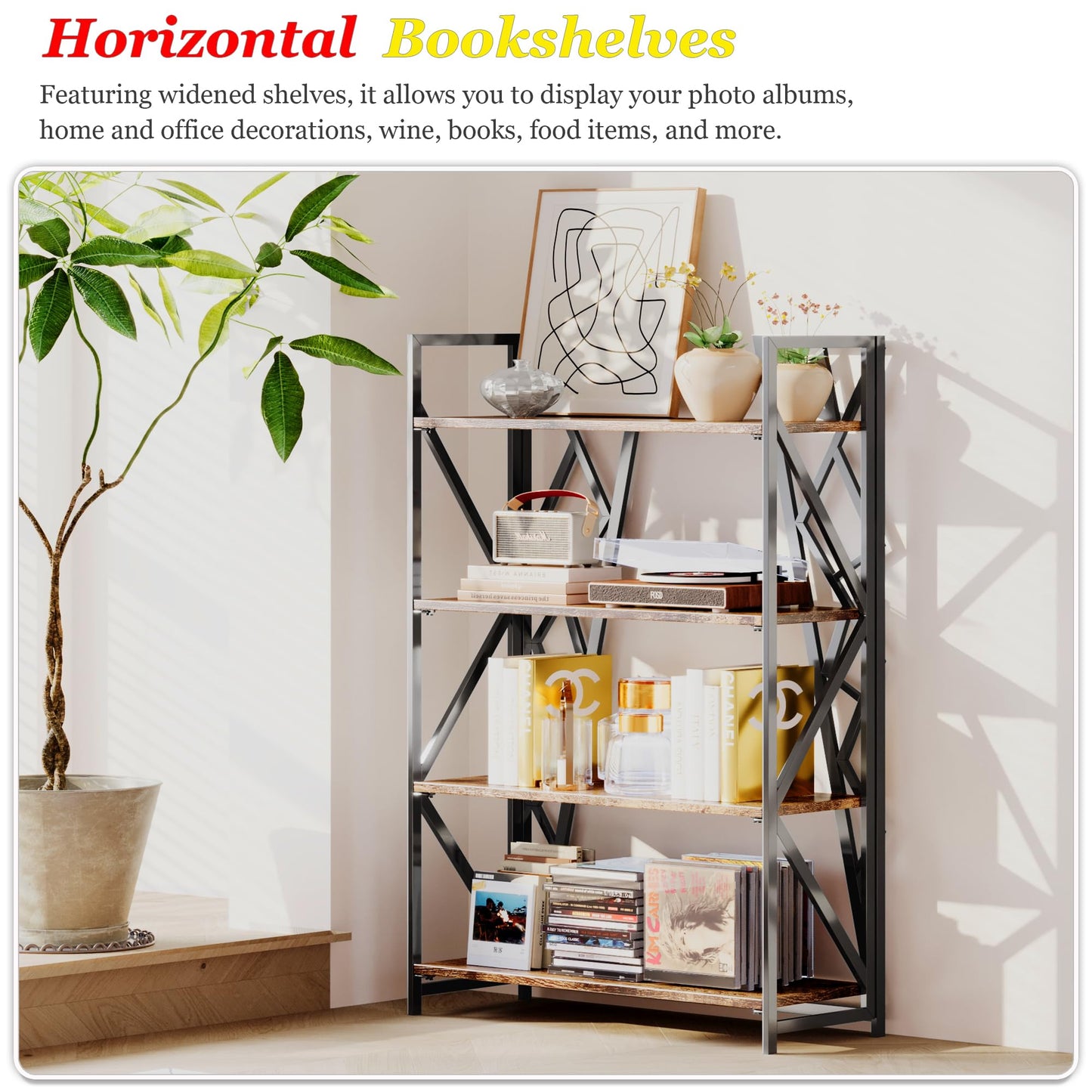 UDD No Assembly Wide Folding Bookshelf, 50.8" H x 30.9" W, 4 Tier Foldable Book Shelf Industrial Bookcase, Vintage Collapsible Storage Shelves for Home Office Living Room Bedroom, Rustic Brown Black