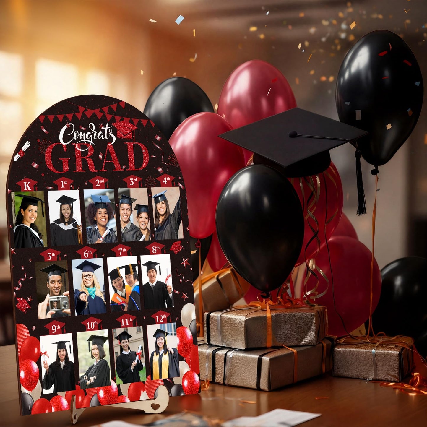 Leinuosen K-12 Graduation Picture Display for Party Decoration, Kindergarten to 12th Congrats Grade Photo Display Wood Picture Board for Senior High School Graduation Decoration(Black Red)
