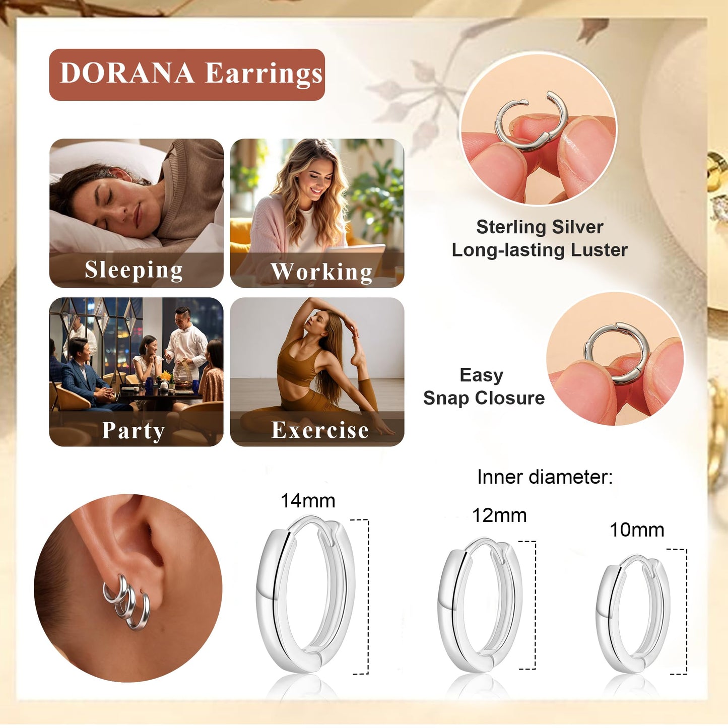 DORANA 3 Pairs 925 Sterling Silver Earrings for Women Non Tarnish Small Huggie Hoop Earrings Hypoallergenic Cartilage Hoops Stackable Earring Silver Stacks Sets for Multiple Piercing