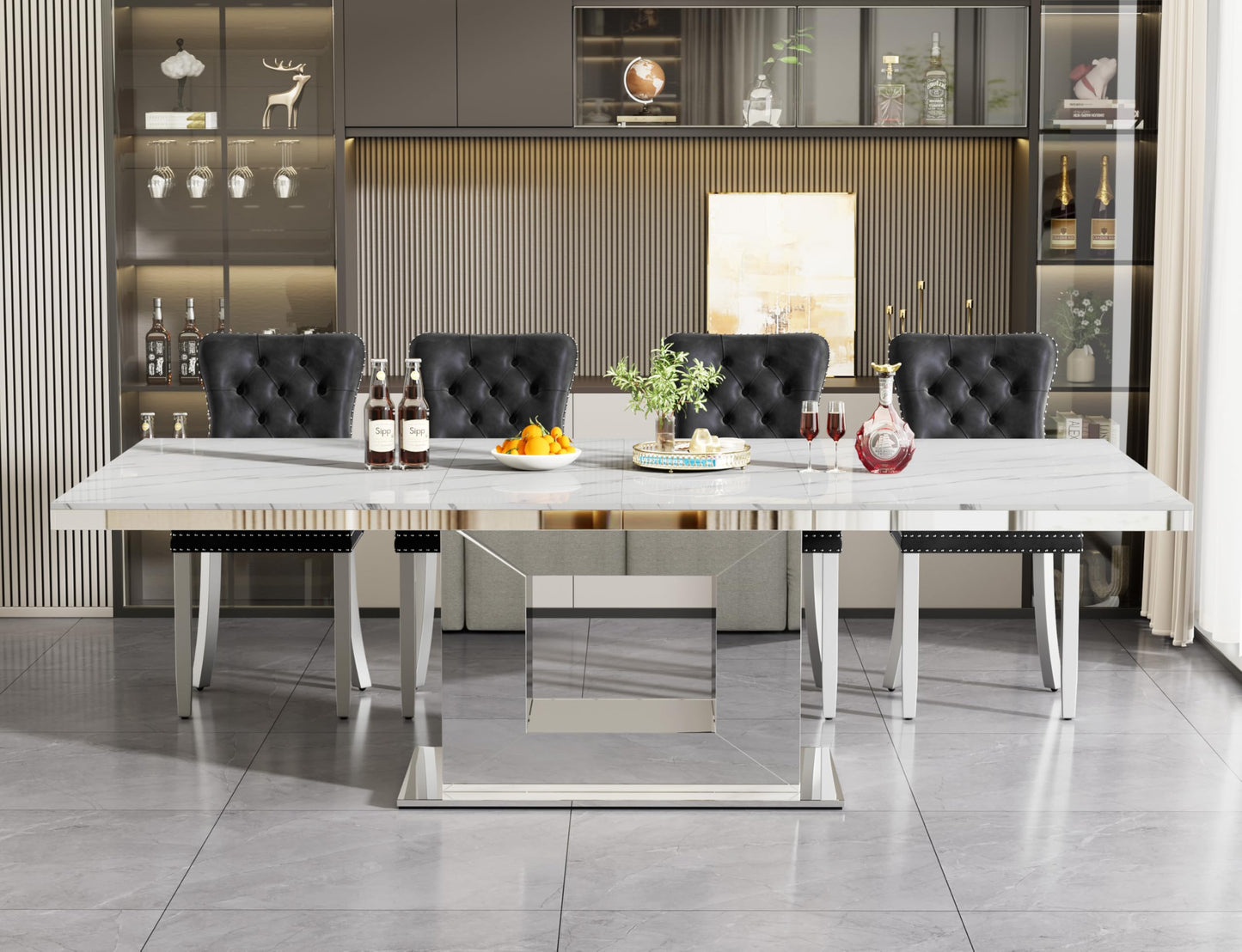 White Marble Extendable Dining Table Set for 10, 11-Piece Extendable Kitchen Table Set with 10 Blue Velvet Chairs, Modern 63"-94" Expandable Dining Room Table Set with Mirrored Pedestal for Kitchen