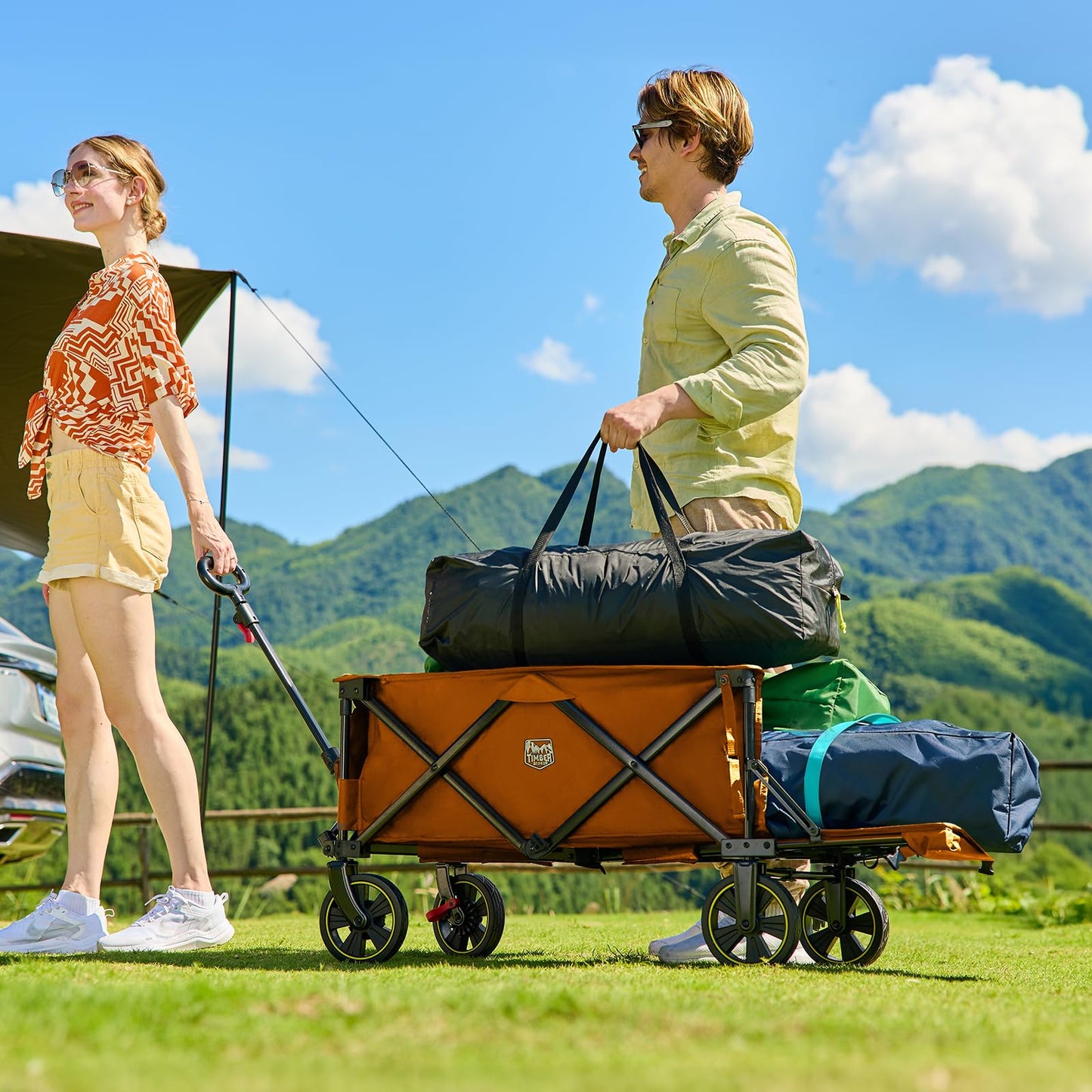 Timber Ridge 49" Extra Long Collapsible Folding Wagon with Tailgate and Brakes, 300lbs Heavy Duty Foldable Wagon with Adjustable Handle, 250L Capacity Portable Cart for Outdoor Camping Sports, Orange