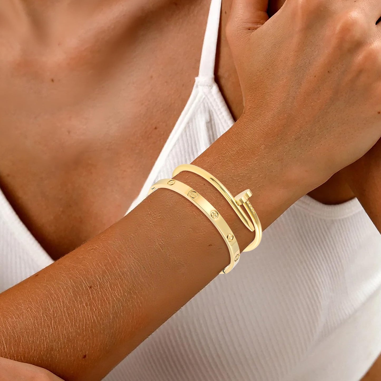Acnode Gold Bangle Bracelets for Women -2PCS Friendship & Love Bangle Bracelet Clover Nail Bracelet Stack Set Trendy Non-Tarnish Stainless Steel Jewelry Gifts for Mom Wife Her