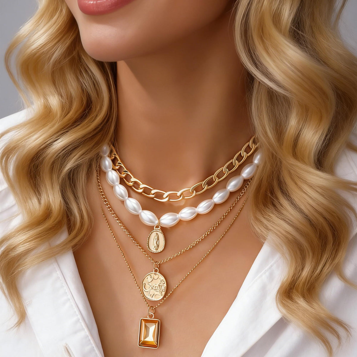 FAXHION 68 Pcs Gold Jewelry Set for Women with 7 Necklace, 17 Bracelet, 5 Hoop Earrings, 15 Stud Earrings, 24 Knuckle Rings for Women Jewelry Set for Women