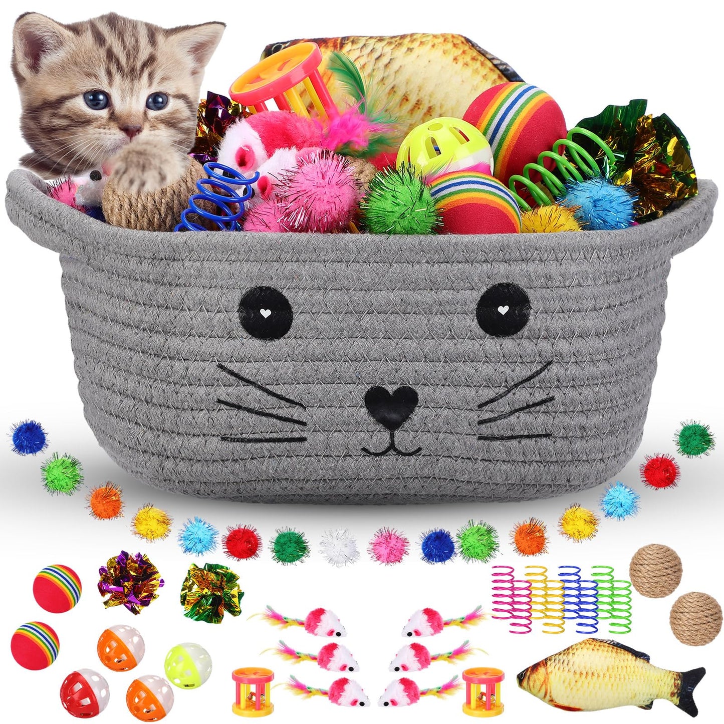 Zopeal 58 Pcs Mother’s Day Cat Storage Basket Gift Toys Set, Colorful Flashing Balls Pet Bell Crinkle Balls Spring Toys Attract Cat to Swat, Hunt, Interactive for Pet(Grey,9.8 Inch)
