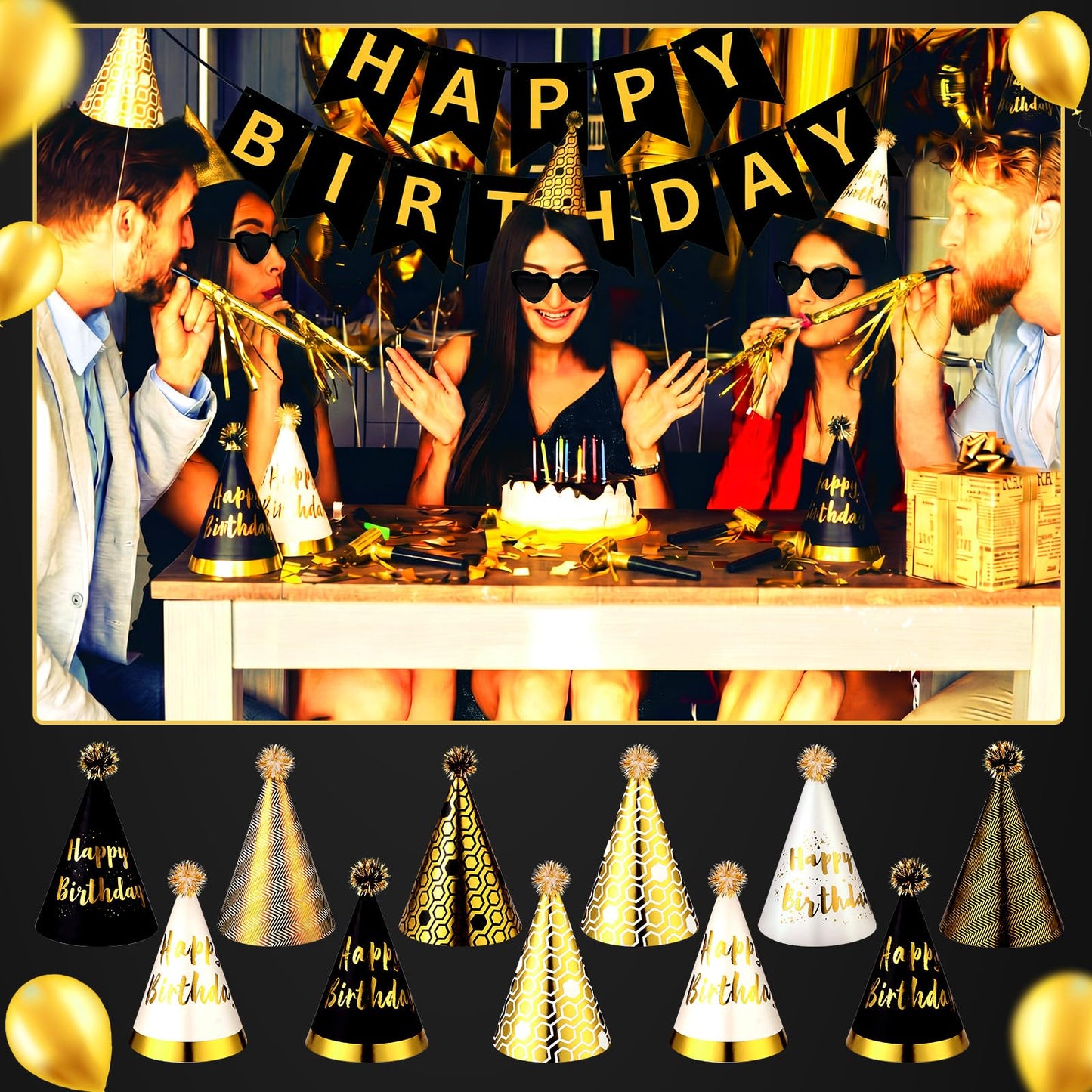 Patelai 25 Pcs Black and Gold Birthday Party Set: 1 black and gold Banner, 3 Glasses, 10 Whistles, 11 Cone Hats for Birthday Party Decoration
