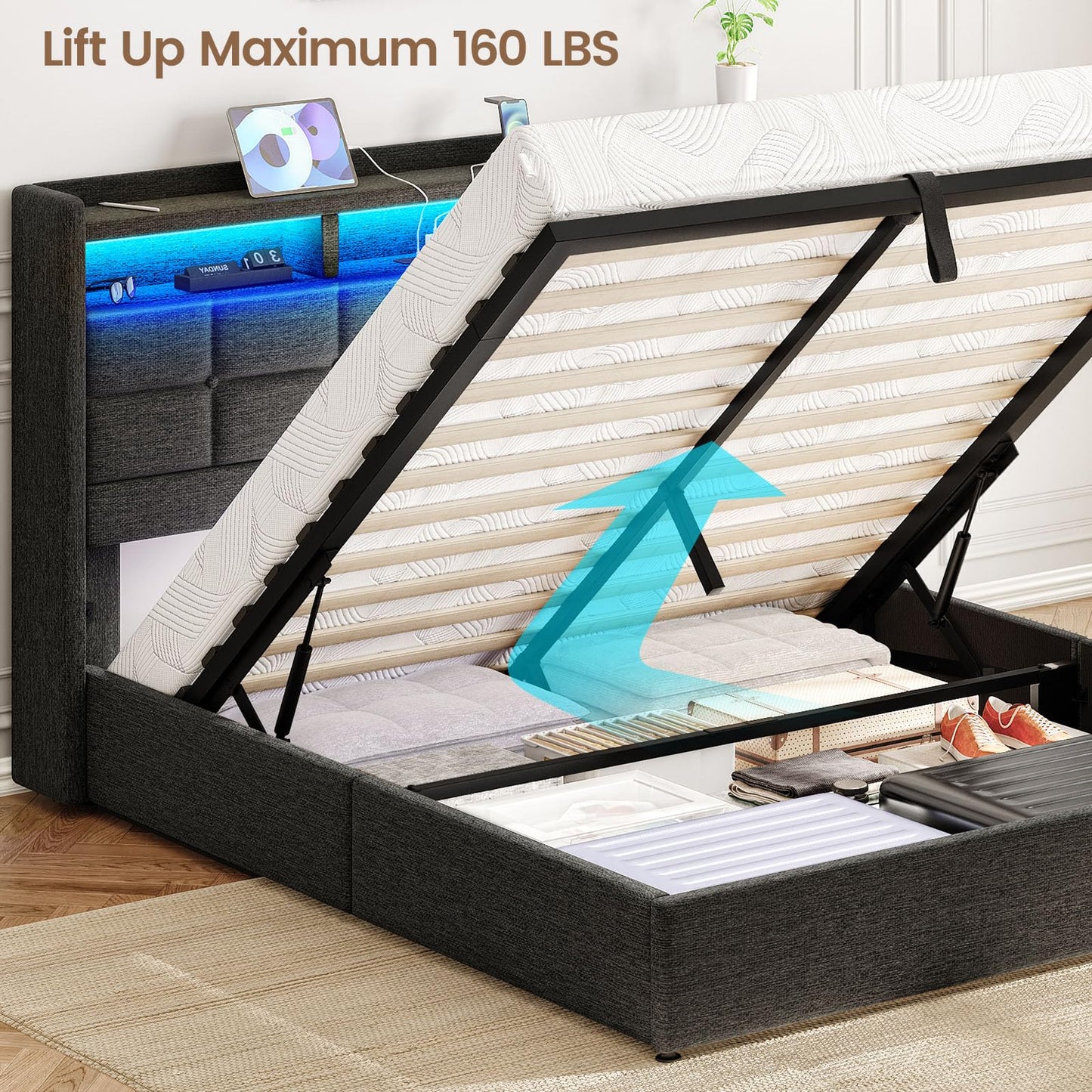 Driftalia Lift Up Queen Bed Frame with Storage, Upholstered Bed Frame Queen Size with LED Lights Headboard and Charging Station, No Box Spring Needed, Easy Assembly - Dark Grey