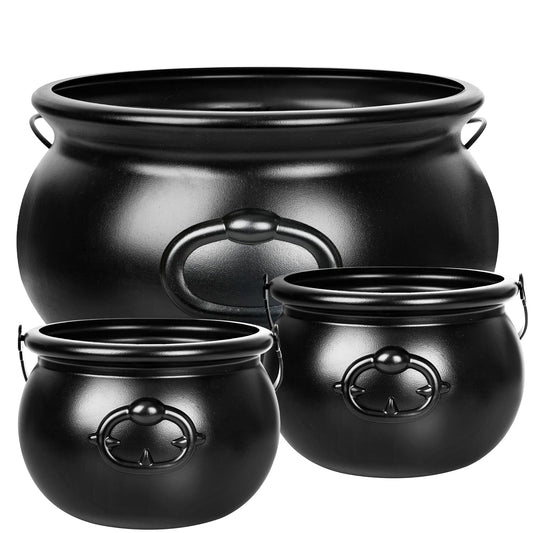 3PCS Cauldron Halloween Decor, 12.6" and 7.68" Halloween Bucket Witch Cauldron, Plastic Black Candy Holder Pot Spooky Punch Bowl for Halloween Decorations Trick or Treat St Patrick's Day Party Favors