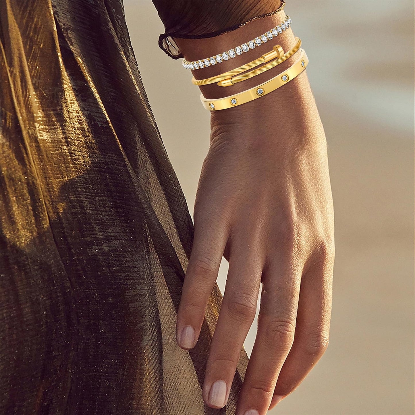 Camhanno Gold Bracelets for Women- 18K Gold Plated Stainless Steel Love Bangle, Nail & Tennis Bracelets Stack Set for Women with Gift Box |Accessories Designer Jewelry (Gold Bracelets)