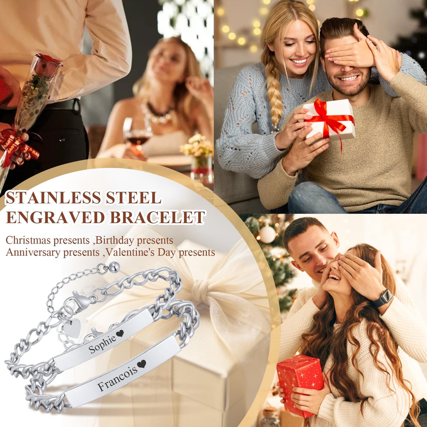 Personalized Matching Bracelet for Couple - Free Engraving Custom Couples Bracelets,Hypoallergenic Adjustable Stainless Steel Long Distance Relationship Jewelry,Promise Bracelet Gifts for Him and Her