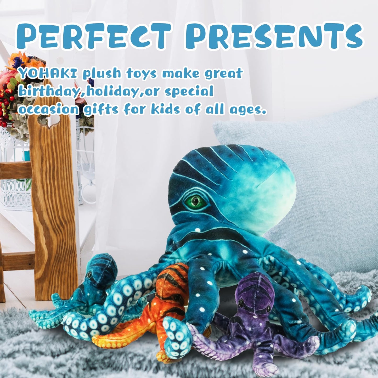 YOHAKI Octopus Stuffed Animal, 11''Marine Printed Octopus Plush Toys with 3 Baby, Soft Washable Toy Stuffed Marine Animal for Home Decor, Idea Gift for Kids Boys Girls Christmas Birthday Gifts (Blue)