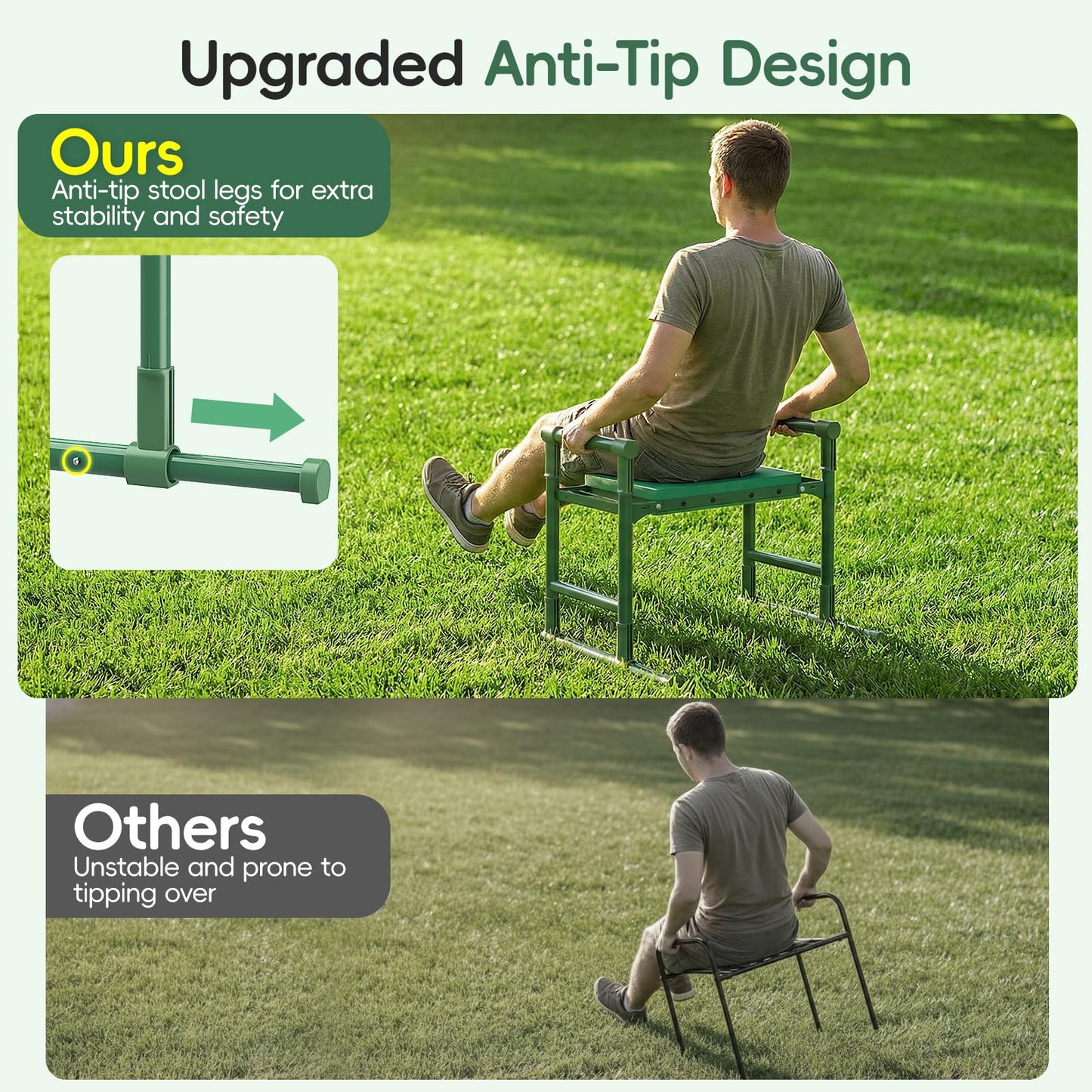 Housolution Garden Kneeler and Seat with Anti-Tipping Extendable Legs, Foldable and Portable Garden Stool with 2 Tool Bags, Thick Soft Kneeling Pad, Gardening Gifts for Women Men Seniors, Deep Green
