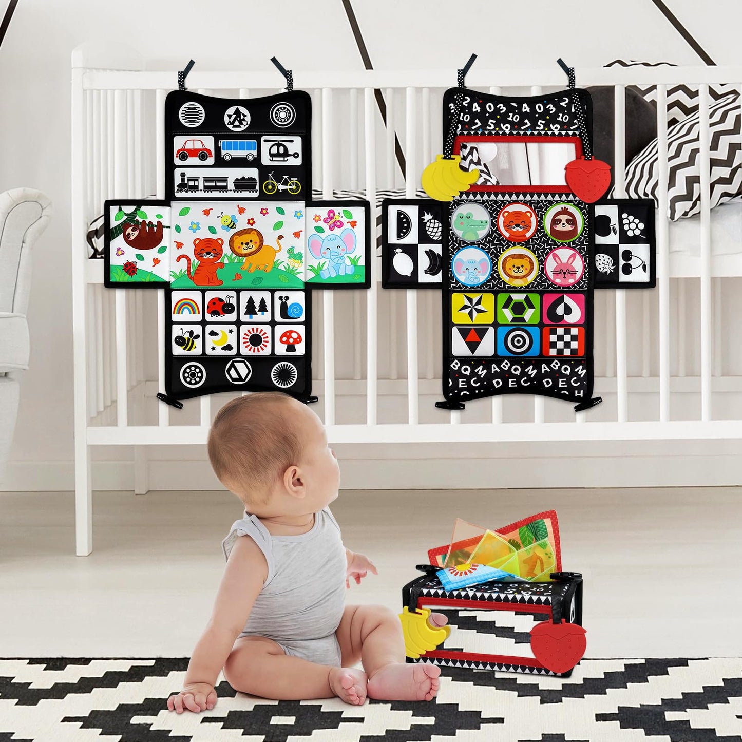 Dr.Rapeti Tummy Time Mirror, Tissue Box Toy, 3in1 Black and White High Contrast, Double-Sided Foldable Sensory Montessori Toy, Crinkle Silk Scarves Teethers 0-6 6-12 Month Newborn Infant Baby