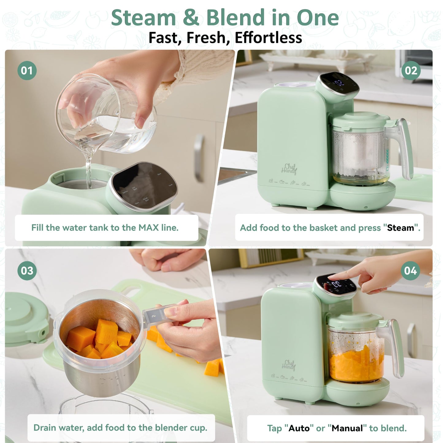 Chefhandy Baby Food Maker with Stainless Steel Steam Basket | 5-in-1 Baby Food Processor, Steamer & Blender for Homemade Baby Food, BPA-Free, 6 Reusable Pouches, Ideal for Newborns & Infants, Green
