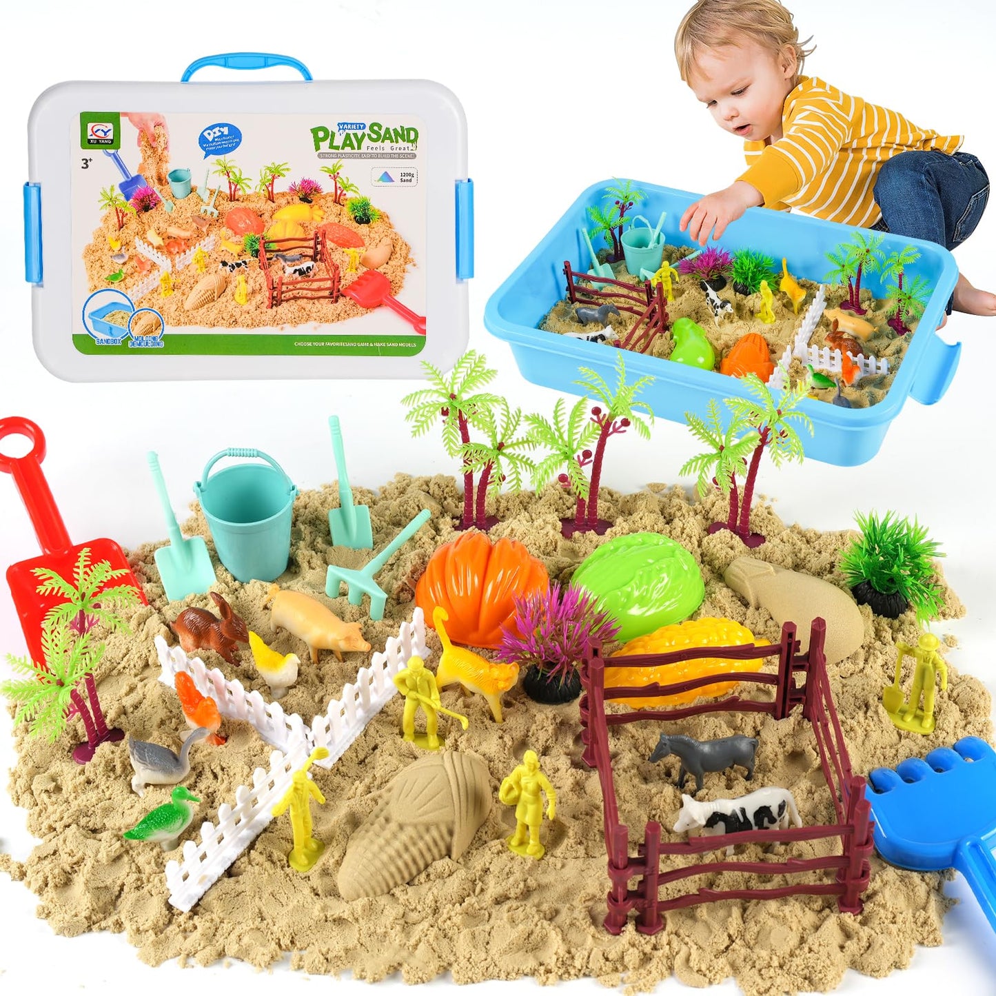 KAYOMIPE Farm Play Sand Toys for Toddlers, 45PCS 2.65Lbs Sensory Sand Set, Kids 3-7 Indoor Outdoor Toys, Christmas Birthday Gift for Boys Girls