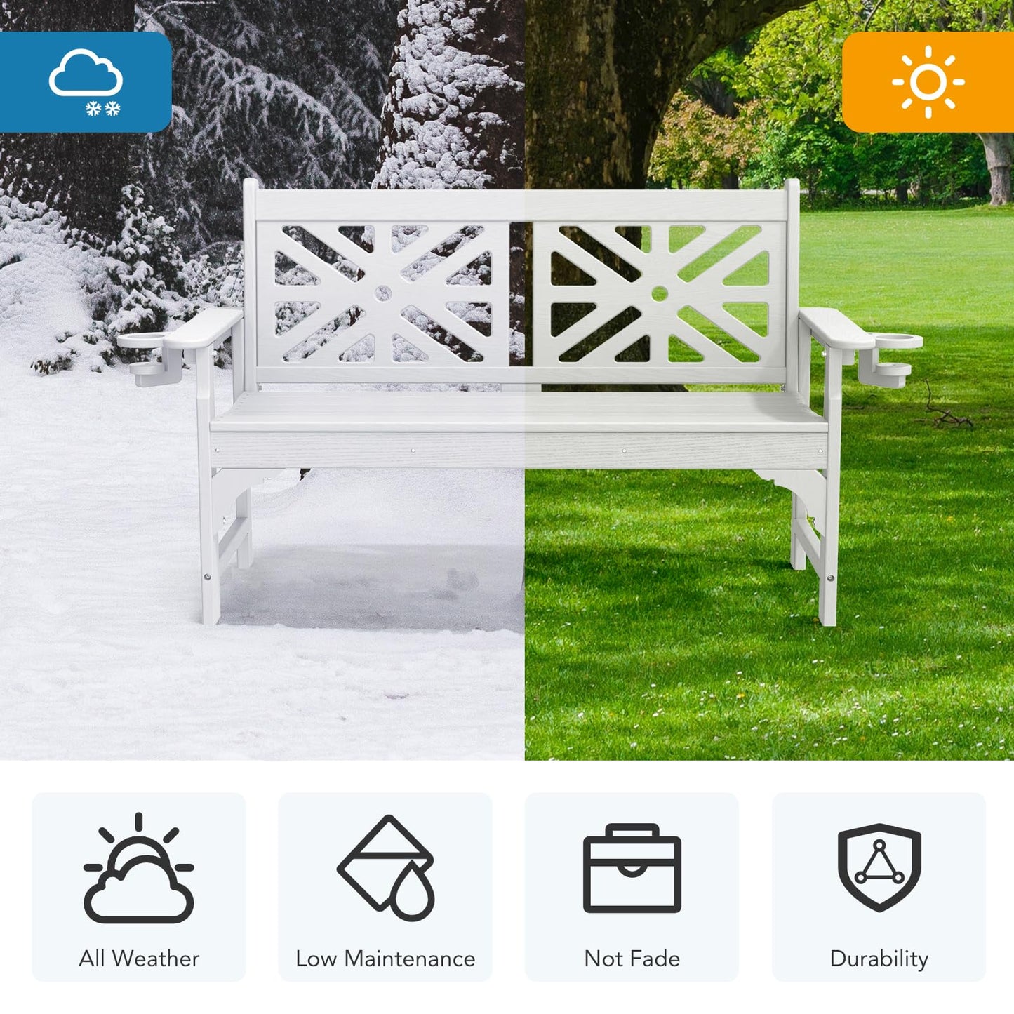 LOENIY Oversized Outdoor Bench with Cup Holders, 51.5” HDPE Aesthetic Garden Bench for 2 Person, Memorial Benches - Easy Assembly & All Weather, for Porch & Patio, 800lbs Load Capacity (White, 1pc)