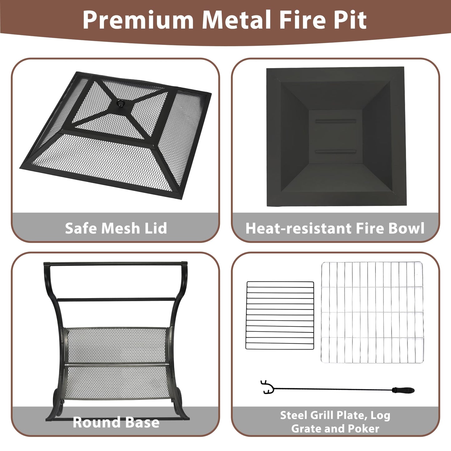 Outdoor Fire Pit with Wheels and Log Rack, Portable Fireplace Wood Burning for Garden, Patio, and Backyard - Includes Mesh Screen and Fire Poker, Fire Pits & Outdoor Fireplaces