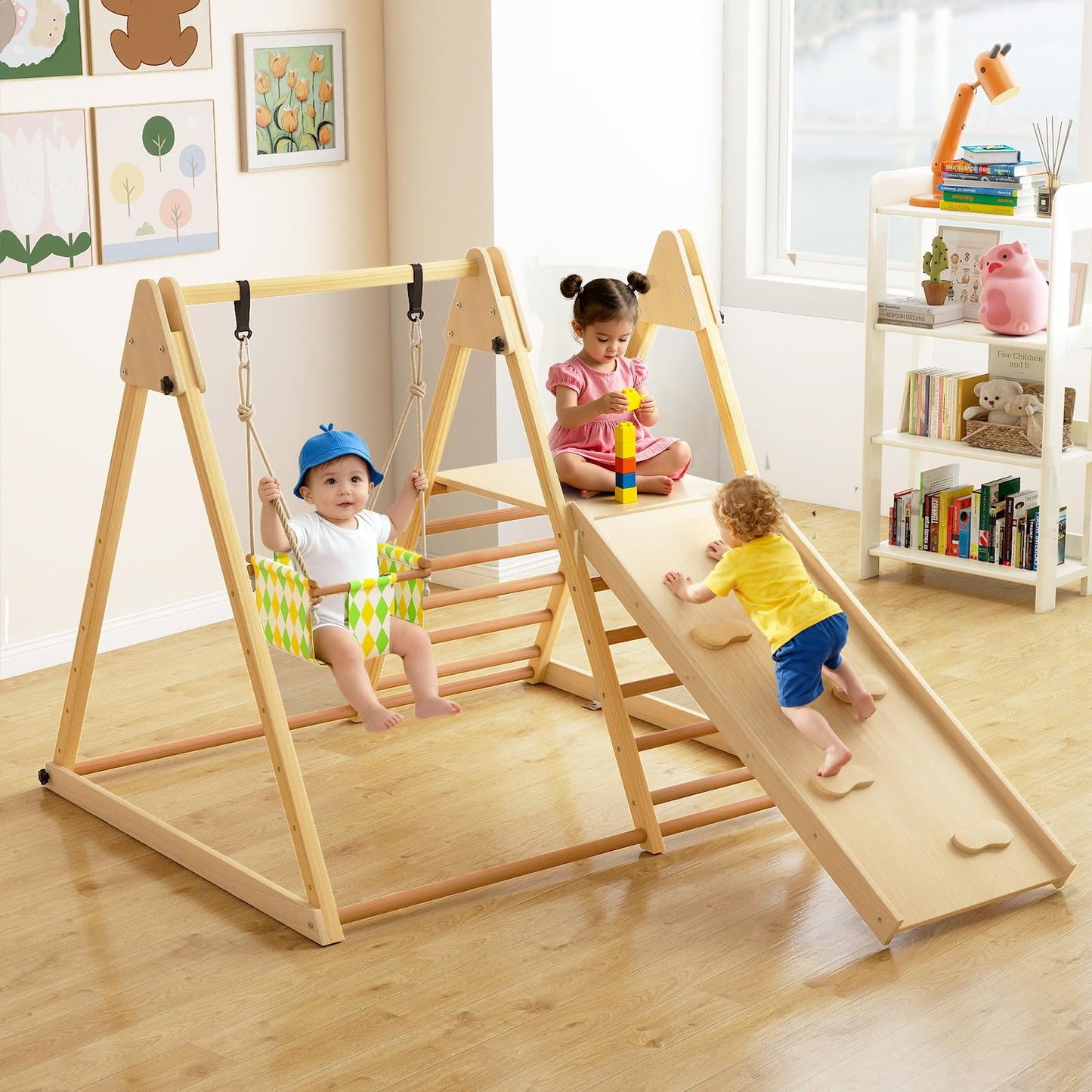 OLAKIDS Indoor Jungle Gym, 3 in 1 Wooden Foldable Montessori Toddler Climbing Toys with Adjustable Baby Swing Ramp Ladder