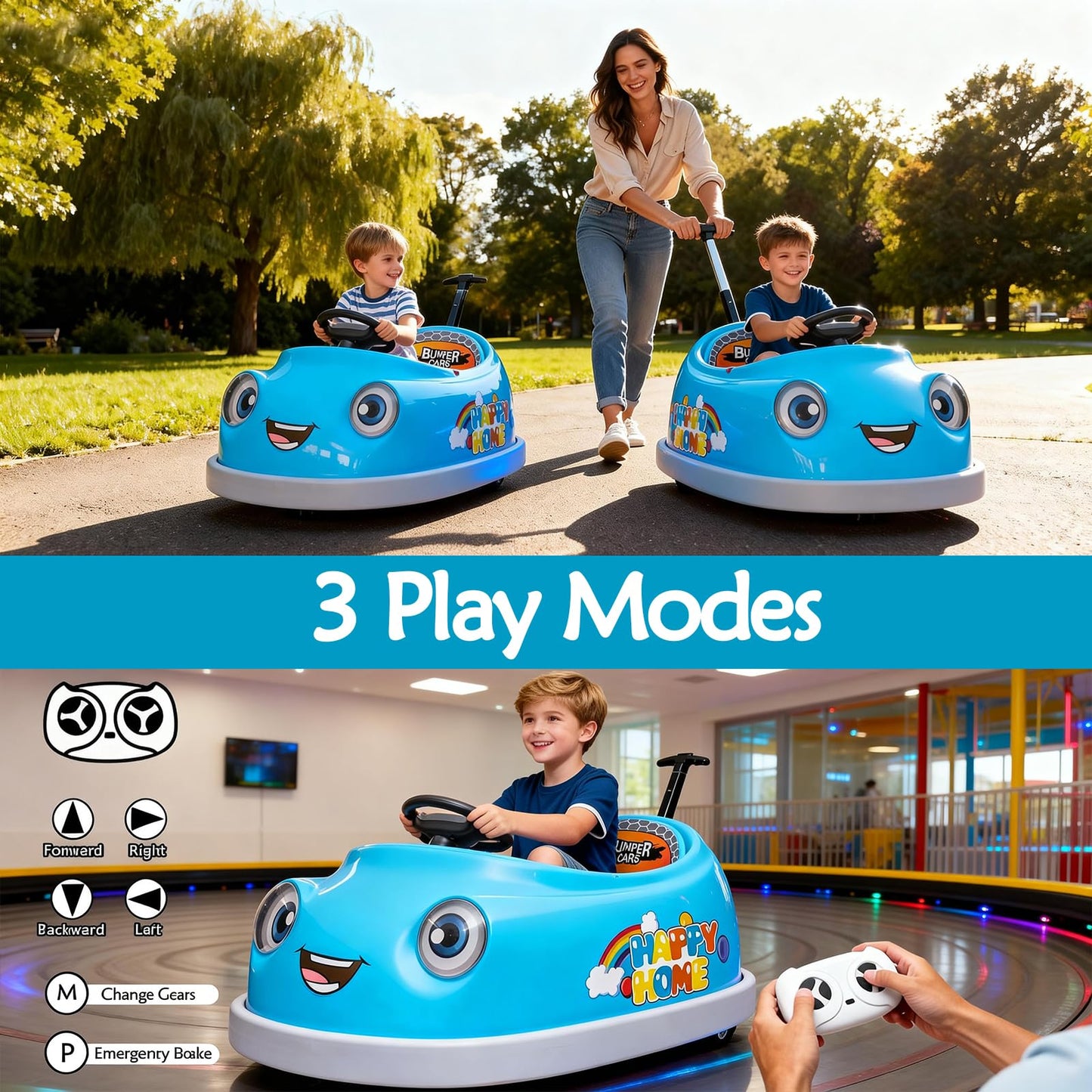 IHUESHO 6 in 1 12V Electric Bumper Car for Toddlers 1-3 with Remote Control, Baby Ride on Bumper Car, Rocking Horse, 360 Degree Spin, Safety Belt, LED Lights & Bluetooth, Gift for Girls Boys (Blue)