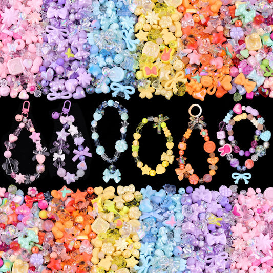 400-450PCS TINKRSTUFF Assorted Acrylic Beads, 6 Colors Series Cute Beads for Bracelet Making, Bow Flower GummyBear Kawaii Charms, Aesthetic Bead for Necklace Keychain Jewelry Making DIY Phone Charm