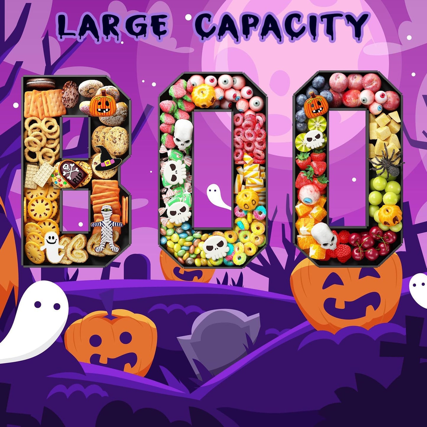 BOO Cardboard Letters for Halloween Party Decorations, 13.7 Inch Charcuterie Letters Fillable Black Paper Mache Letter Trays for Chocolate Candy Food Display Letter Box for Halloween Party Decorations