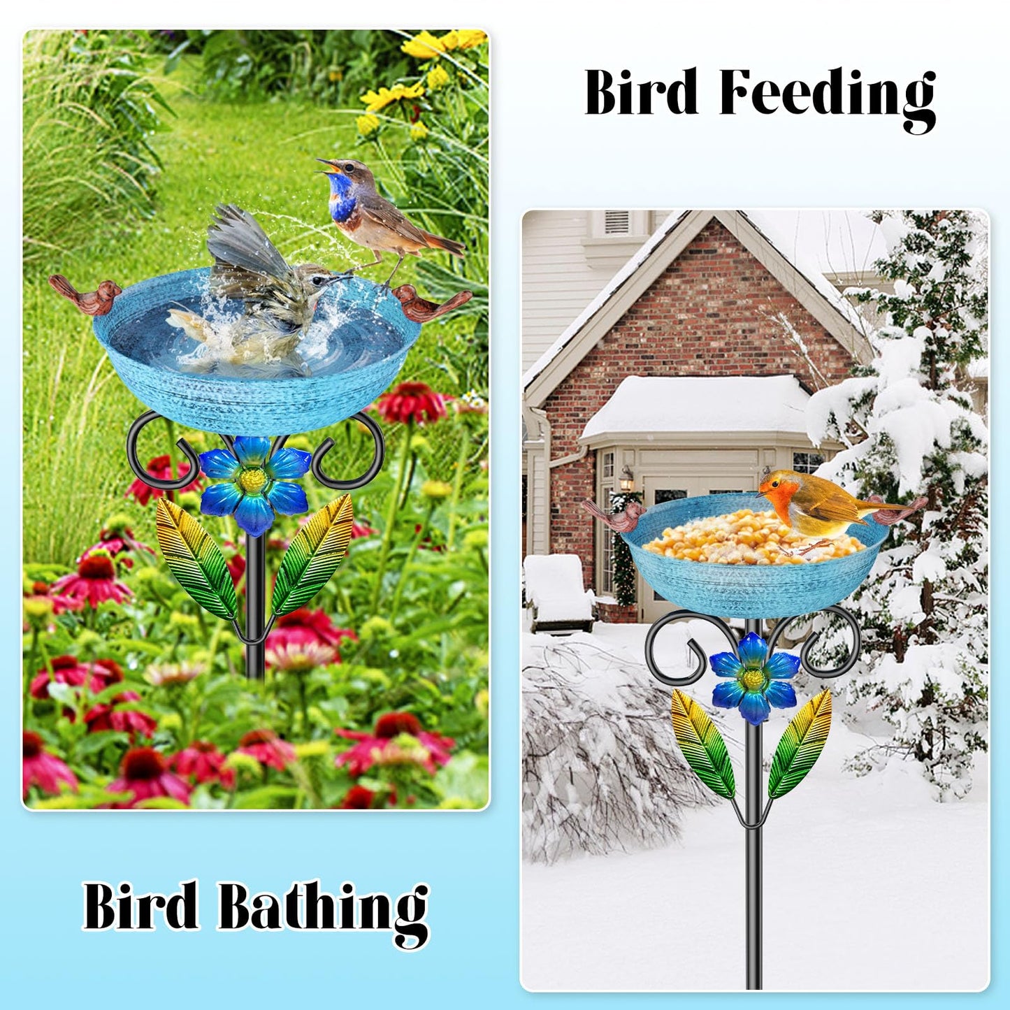 SHUONIVS Metal Bird Bath for Outside, Freestanding Birdbaths Detachable Decoration Spa Birdfeeder, Bird Baths Feeder Bowl for Outdoors Garden Patio Yard Lawn Decor (Blue+Flower)