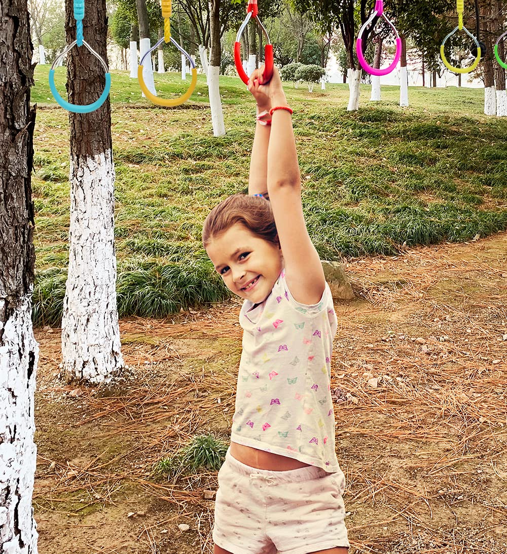 Swing Ninja Ring Indoor Outdoor Backyard PlaySet Fitness Gymnastic Training Equipment, 4 Pack Yellow Hanging Jungle Gym Fist Trapeze Monkey Bars Climbing Ring Ninja Warrior Obstacle Course Attachments