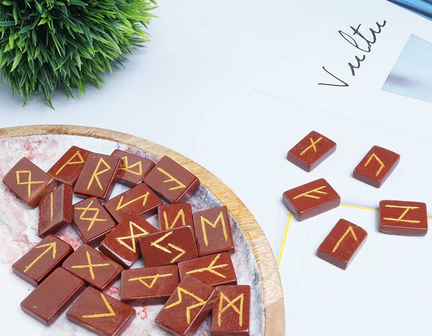 Crocon Red Jasper Rectangle Shape Gemstone Runes with Elder Futhark Alphabet Engraved 25 pcs Rune Set Crystal Divination Metaphysical Healing Balancing Chakra Reiki Runes with a Pouch| Size : 20-25mm