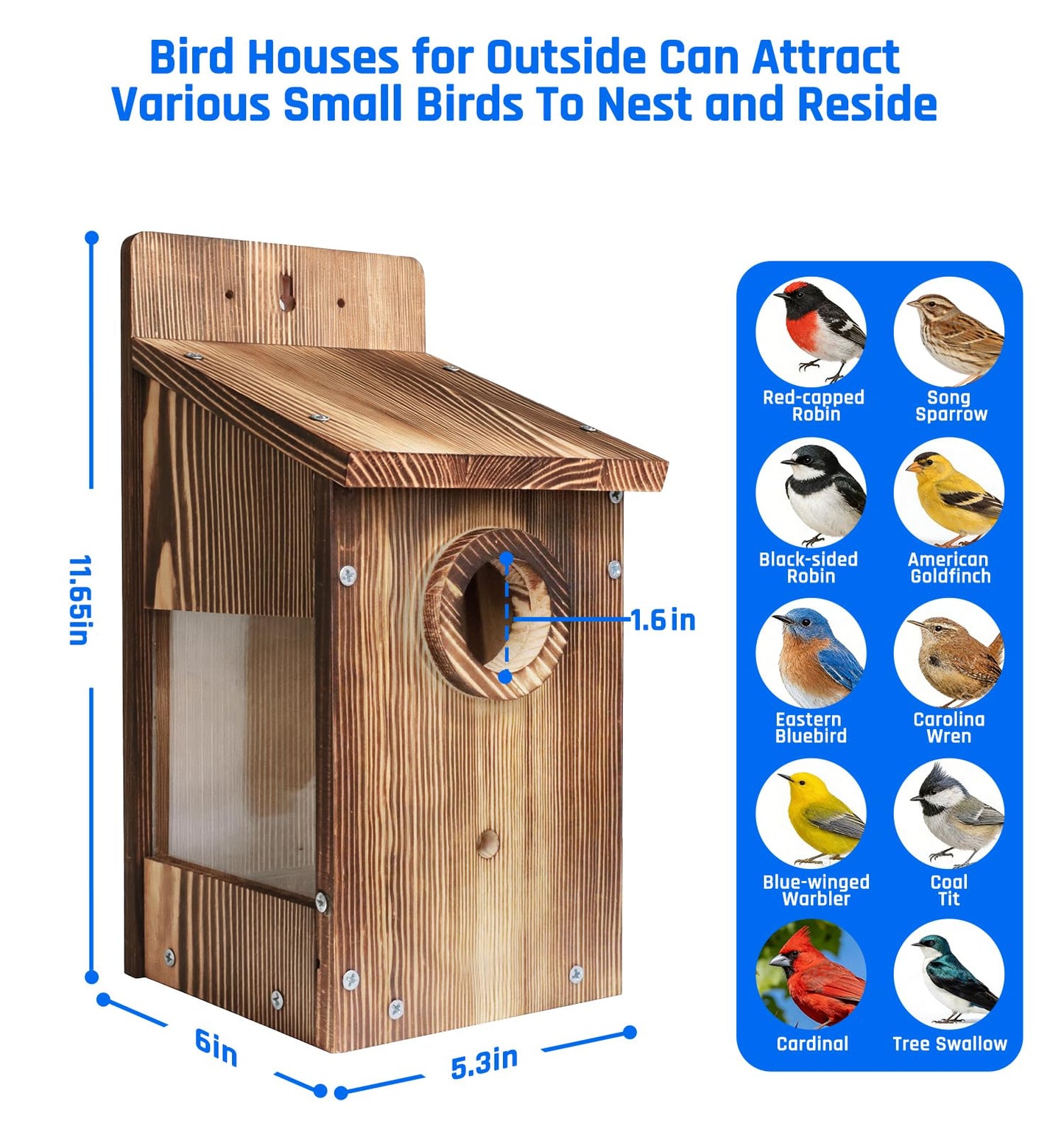 Zxweqr Natural Wood Birdhouse for Outside, Wooden Nesting Box with Circular Entrance Hole and Perch， Blue Bird Houses for Outdoors with Clear View Panel & Predator Guard for Blue Robin, Wren, Swallow