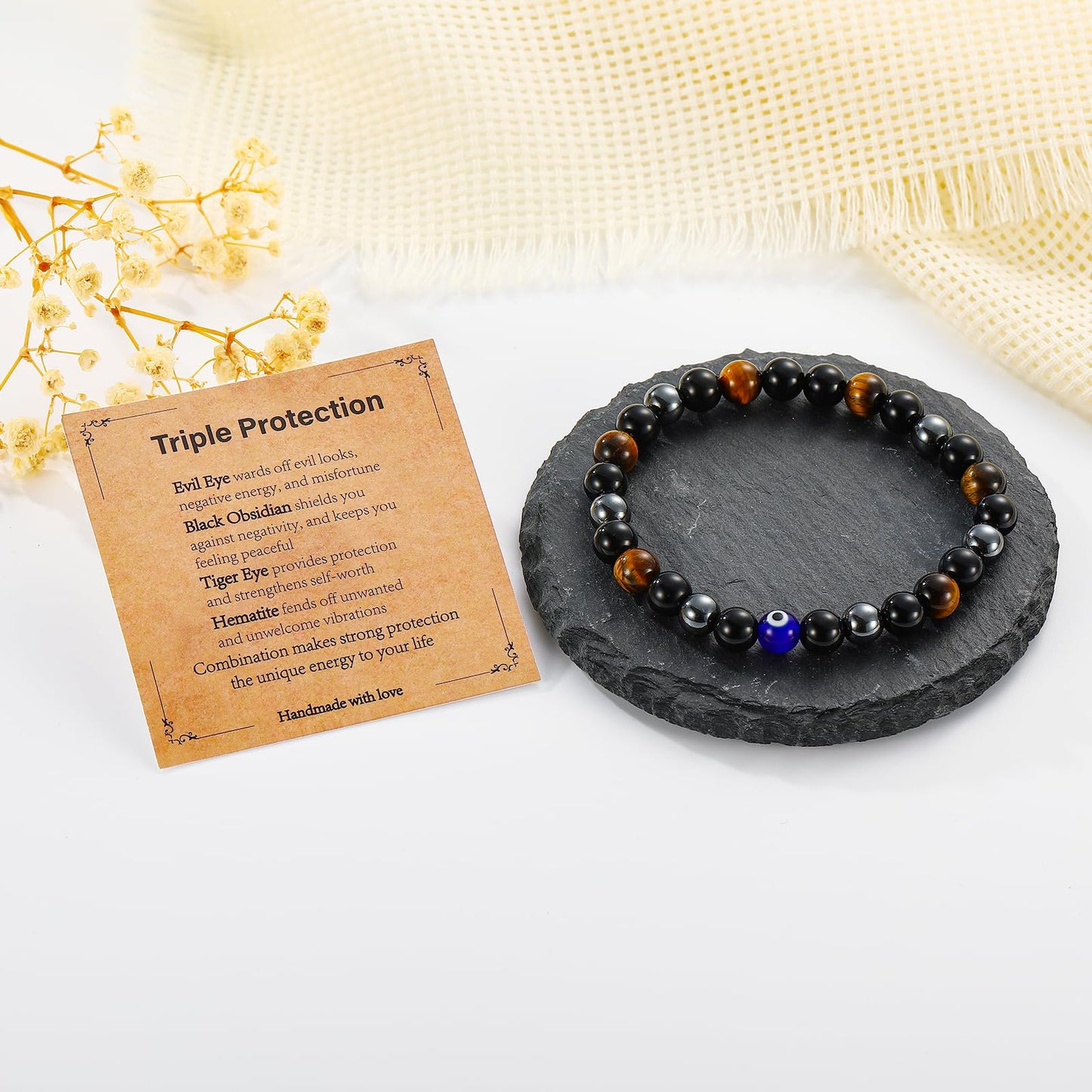 Gnamy Triple Protection Beaded Bracelet Gifts for Men, Tiger Eye Hematite Black Obsidian Evil Eye Bracelets Christmas Birthday Valentines Anniversary Healing Sobriety Jewelry Gifts for Husband Dad Boyfriend Brother Him