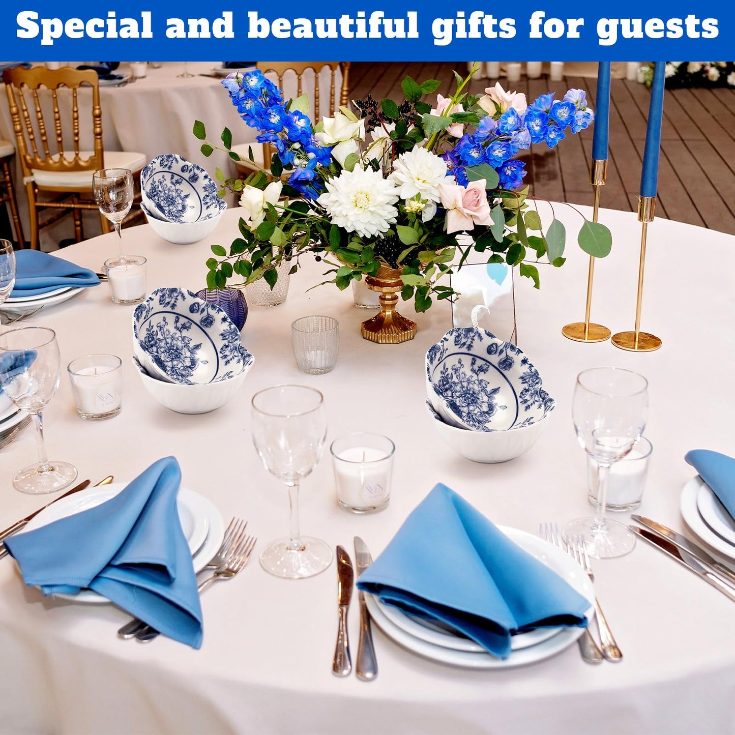 SiliFine 12 Pcs Wedding Favors for Guests Small Ceramic Bowl Bulk Gifts Set 3.3 Inch Floral Design Mini Dipping Sauce Dish with Card Box for Bridal Pooja Baby Shower Birthday (Flower,Blue)