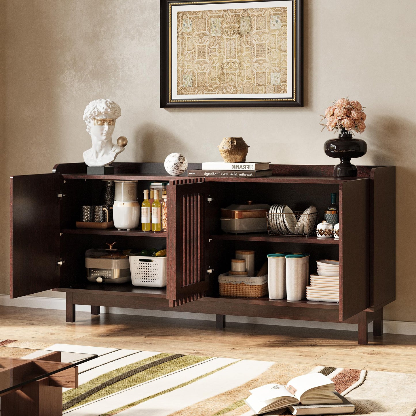 IRONCK Storage Cabinet, Buffet Cabinet with Grille Doors and 2 Adjustable Shelves, Mid Century Sideboard for Kitchen, Dining Room, Entryway（Natural Red Walnut）