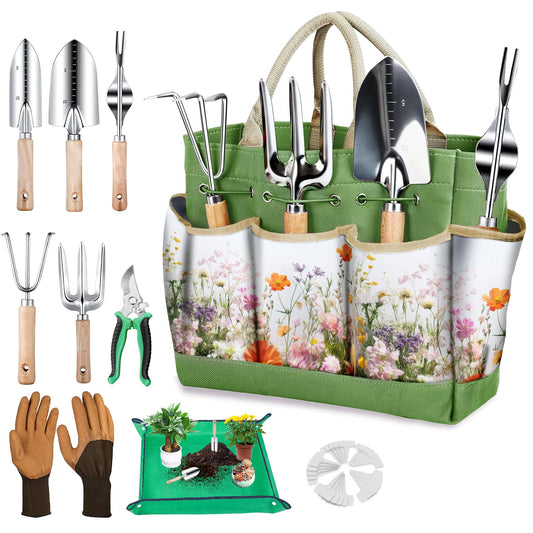 Gardening Tools Set for Women 29Pcs Heavy Duty Garden Hand Tools Set with Floral Tote Bag Rust-Proof Garden Tool Kit Supplies Gardening Esssential Gifts for Women Men
