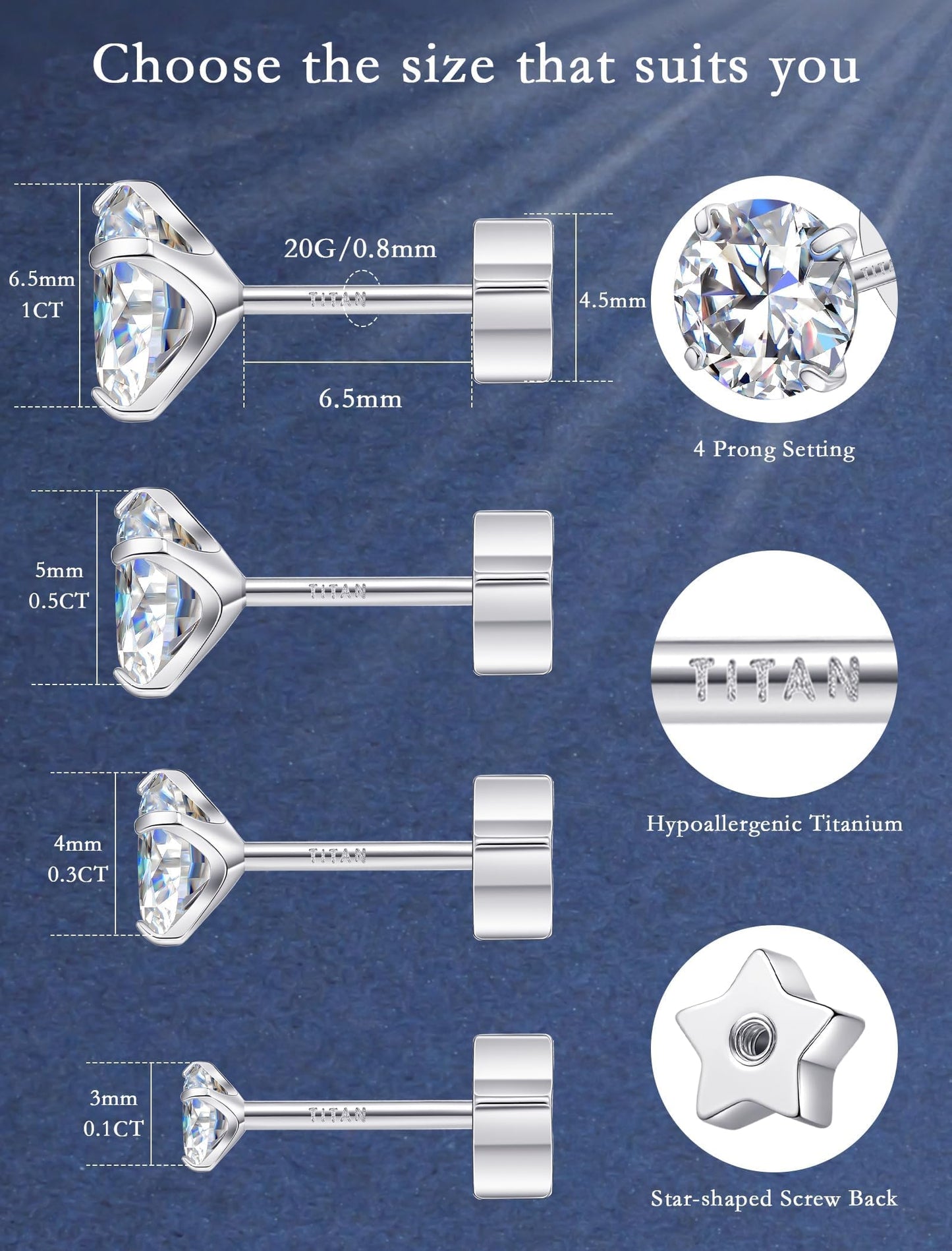 Limerencia Moissanite Stud Earrings for Women Men, F136 Hypoallergenic Titanium Earrings for Sensitive Ears, 18K White Gold Plated Star or Heart Flat Back, D Color VVS1 Clarity, GRA Certificate