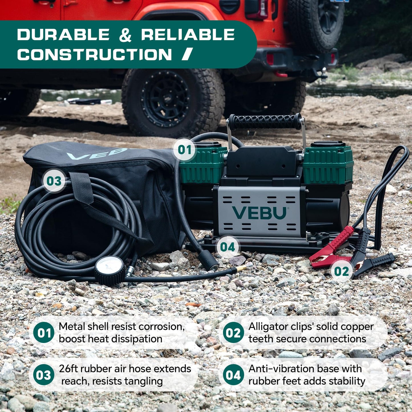 VEBU Heavy Duty Air Compressor 12V Tire Inflator, Dual Cylinder 125PSI with In-line Pressure Gauge, 10.6CFM Fast Inflation for Off-road Vehicles, Trucks, SUVs, RVs, ATVs, DC Power, Corded Electric