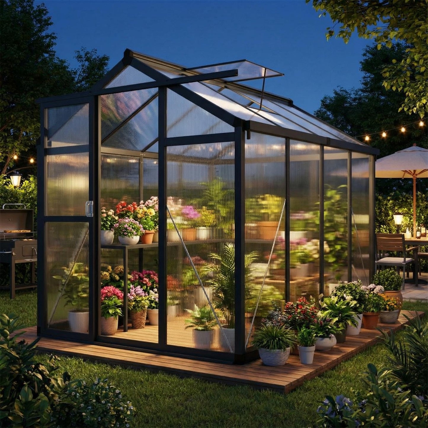 6x8 FT Greenhouse, Polycarbonate Walk-in Greenhouse for Outdoors with Roof Vent & Lockable Smooth-Gliding Sliding Door, Heavy-Duty Aluminum Green House for Garden, Backyard, Patio, Lawn, Dark Grey