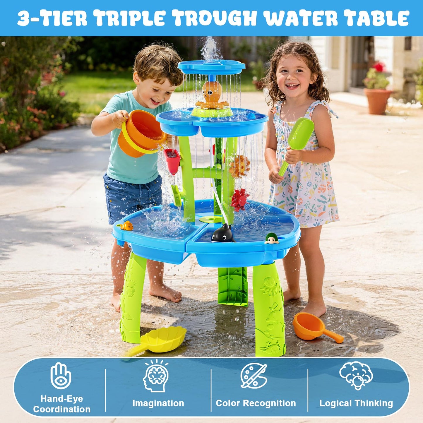 2026 Toddlers Water Table, 3-Tier Rain Showers Splash Pond Sensory Table with Water Pump & Water Toy Accessories, Summer Outdoor Toys, Kids Water and Sand Activity Playset for Boys Girls Age 3-5