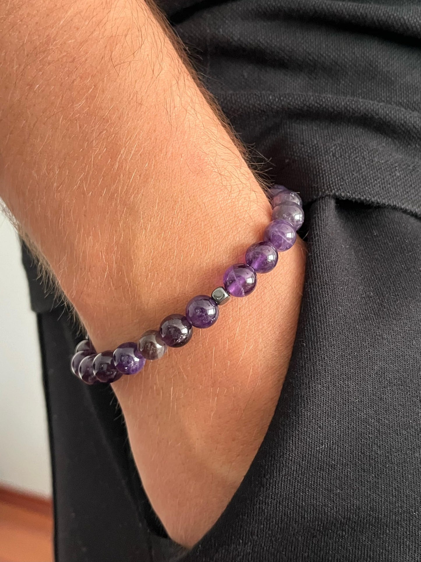 joy-d 8mm Amethyst Beaded Bracelets with Natural Stone and Hematite Accents, Unisex Gemstone Beads Jewelry for Men and Women - Thoughtful Gift for Him and for Her