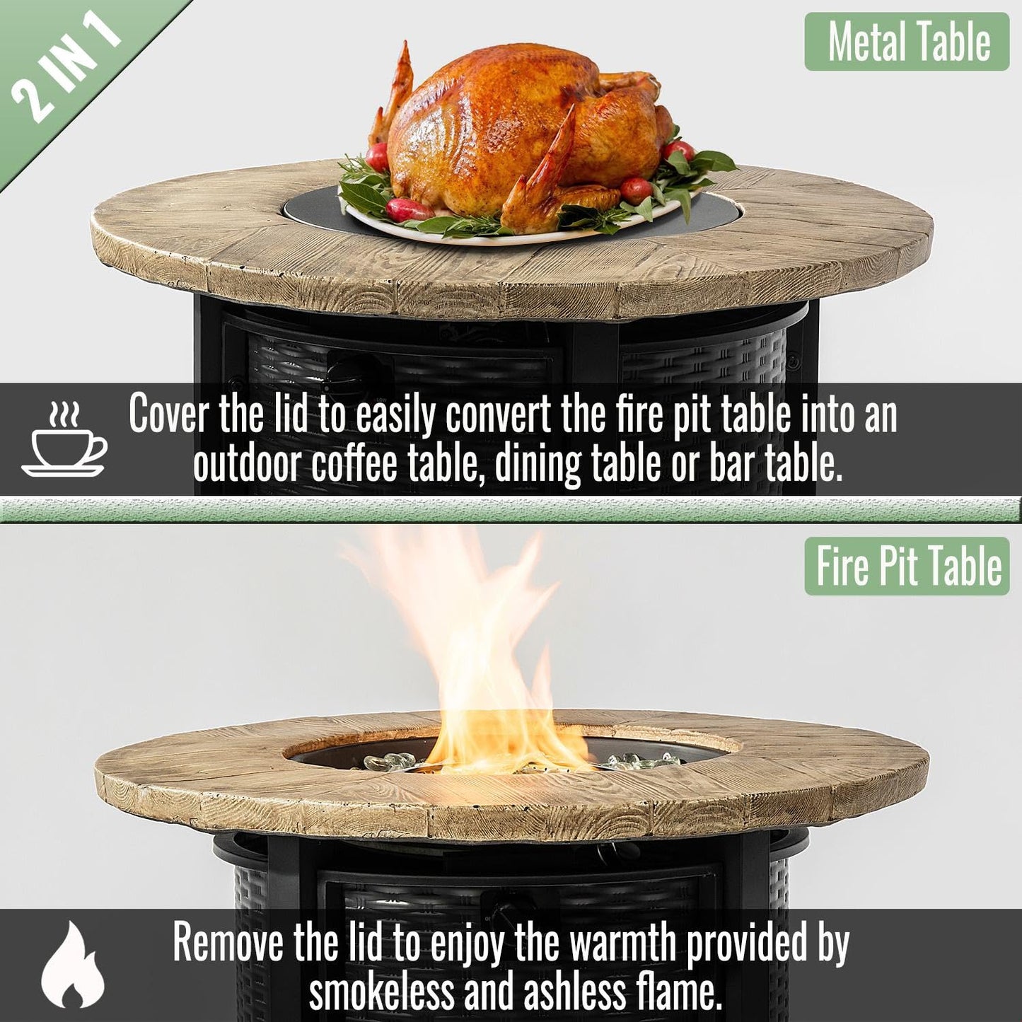 GDFStudio 30" Round Propane Fire Pit Table, 50000 BTU Outdoor Gas Heater with Faux Wood Grain Top & Glass Beads, for Patio Deck Garden Backyard, Black