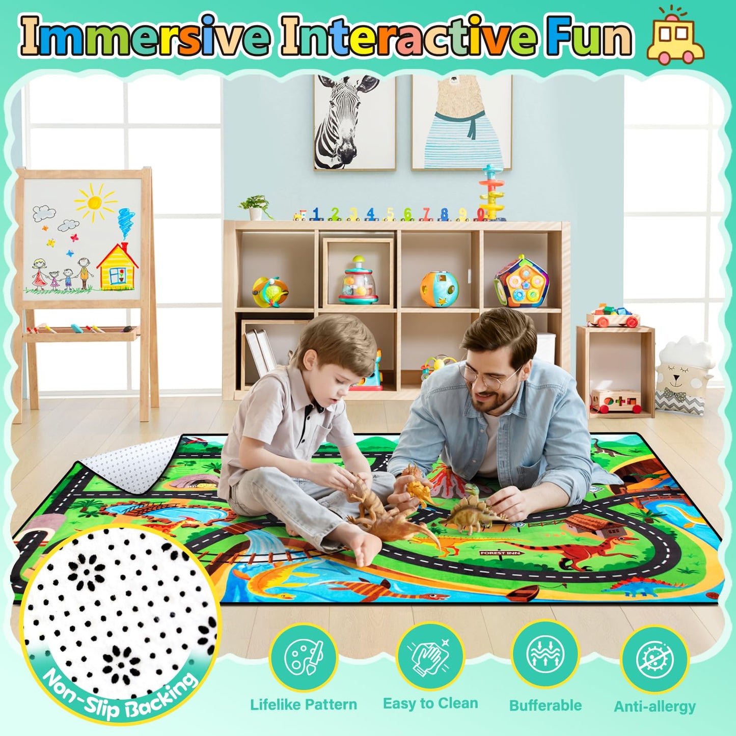 Diysani Kids Rug, Car Carpet for Kids' Toy Cars, 6x9 Ft Dinosaur Rug, Dino Safari Road Mat for Playroom, Educational Learning & Game Area Baby Play Mat Carpet for Children