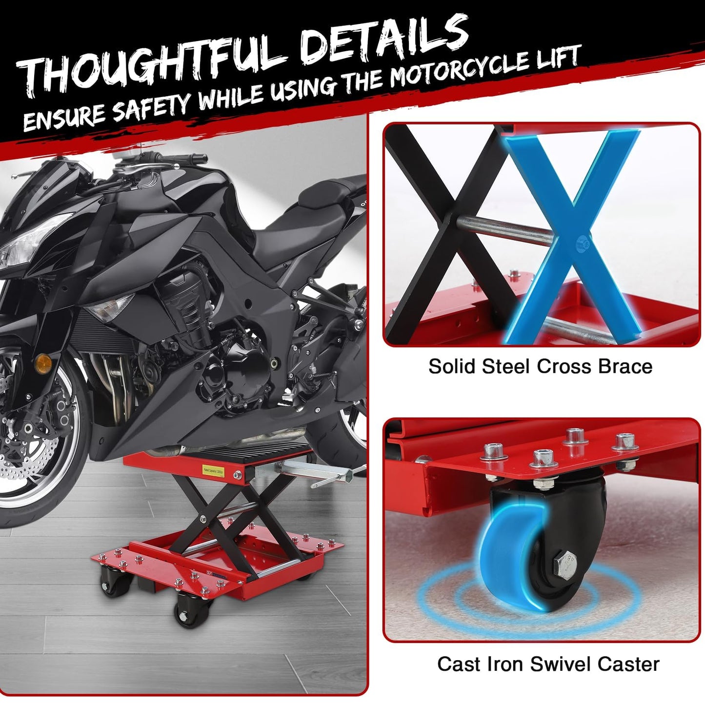 1200 LBS Motorcycle Lift Jack, 4.7"-15.4" Adjustable ATV Scissor Jack Table with Wheels & Hand Crank, Heavy Duty Center Hoist Stand for Cruiser, Dirt Bikes, Touring Motorcycles