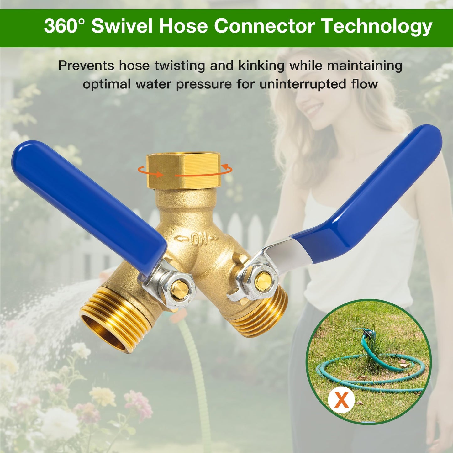 Garden Hose Splitter 2 Way, Solid Brass Water Hose Splitter with 304 Stainless Steel Handle, 3/4" GHT Thread Leak-Proof Y Valve for Outdoor Faucet Lawn, Irrigation & Washing