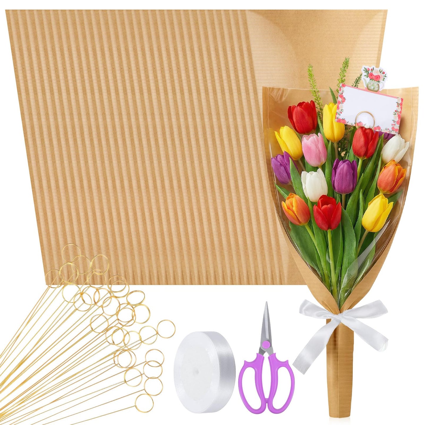 Oqqlin 100 Pcs Flower Bags for Bouquets, 9.4 x 18.1 Inch Flower Packing Paper Sleeves with 50 Floral Card Holders, Ribbons and Scissors Floral Packaging Bags for Florist Wrap Supplies, Graduation