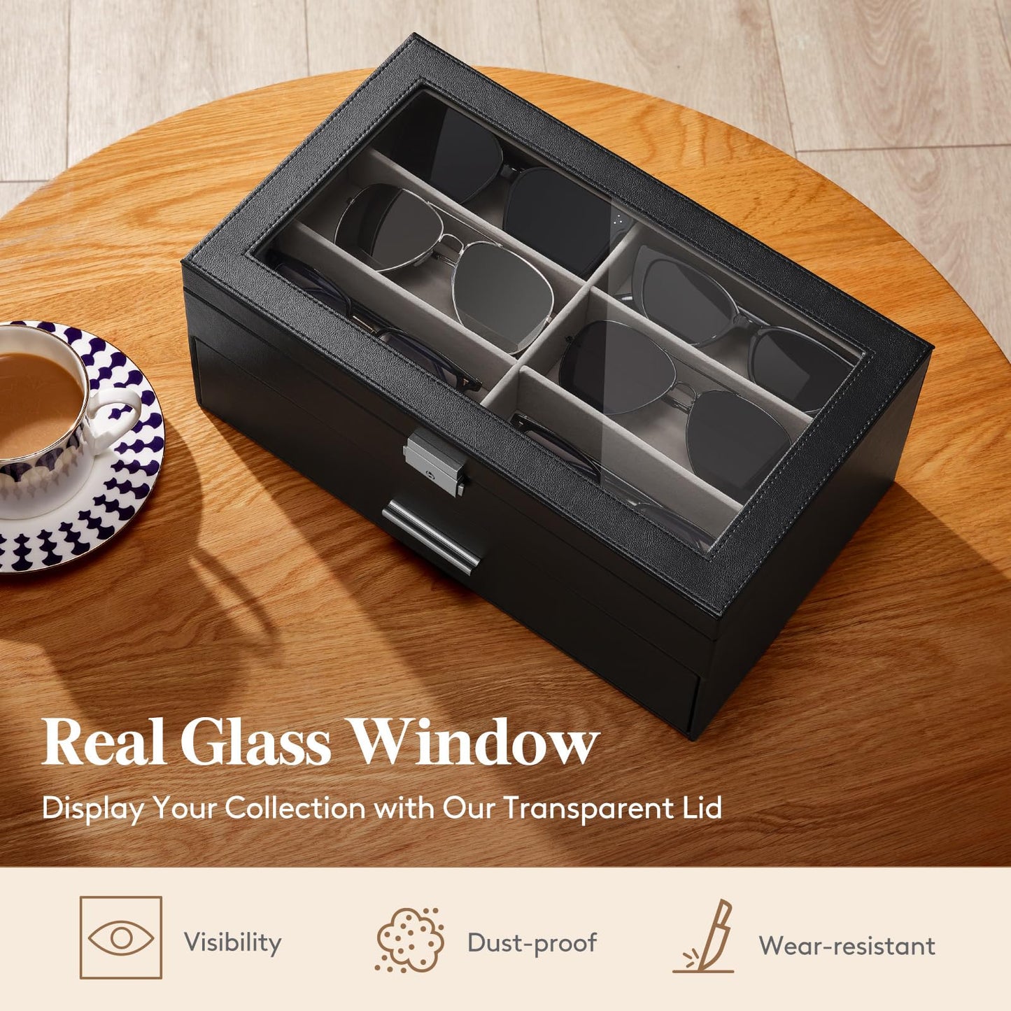 Lifewit 2- layer Sunglasses Organizer with Glass Lid, 6 Slots eyeswear and Watch box, Spaces for Rings, Brooch, Multiple Eyeglasses Display Case for Men, Inky Black, 35 x 20 x 13 cm/14 x 8 x 5 inch