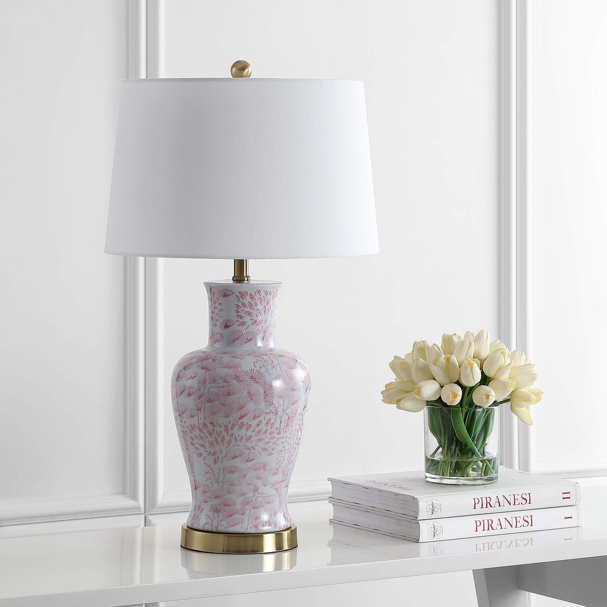 SAFAVIEH Lighting Collection – Calli Set of 2 Pink & White Chinoiserie Ceramic Table Lamps with Brass Gold Accents, 28-Inch Bedroom or Living Room Lamps, LED Bulbs Included (TBL4161A-SET2)