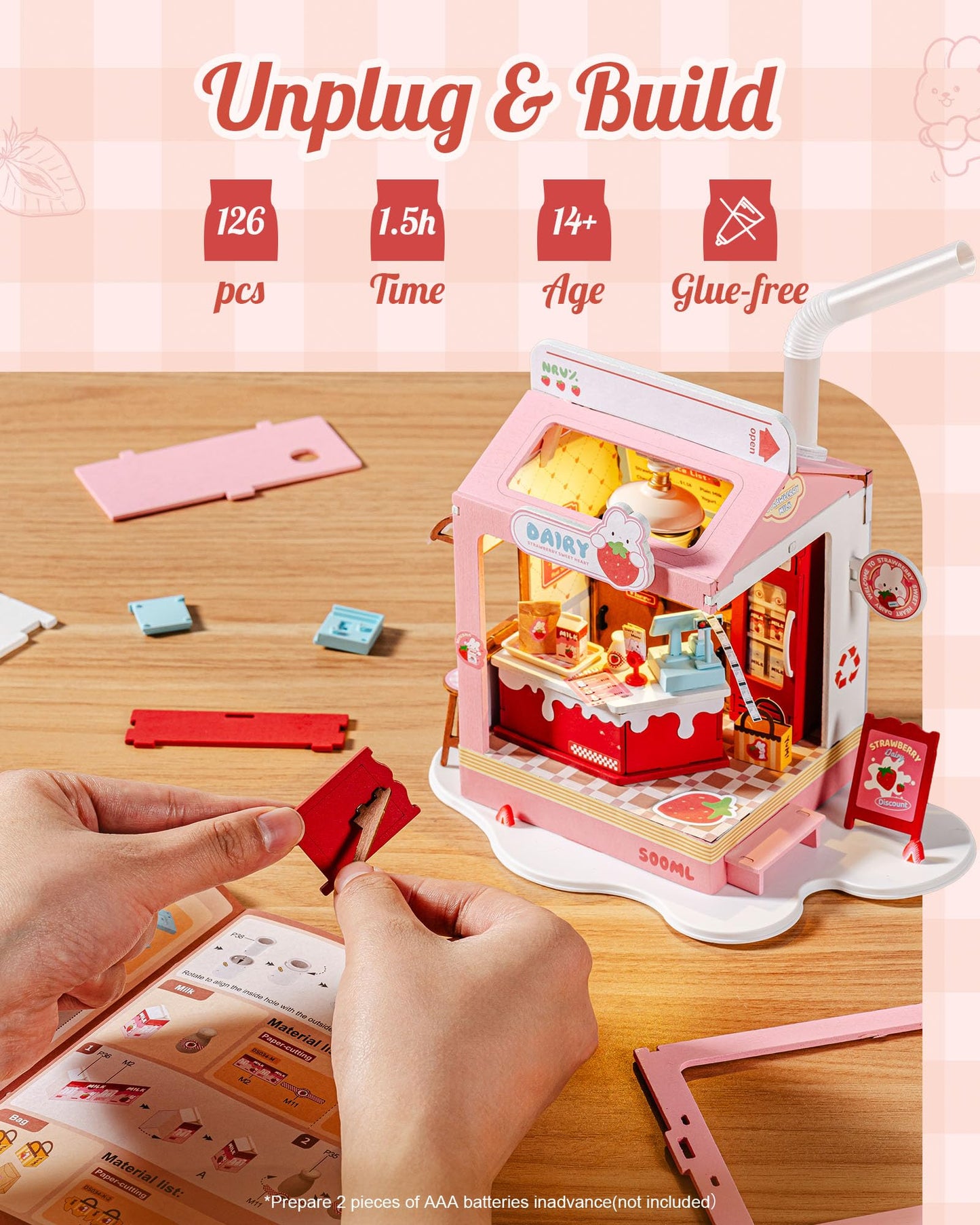 Robotime DIY Miniature House Kit, 1:28 Scale Tea Shop Scale Diorama Dollhouse with LED Lights, 3D Wooden Puzzle for Adults, Creative Crafts & Unique Gift for Craft Enthusiasts (Strawberry Milk Box)