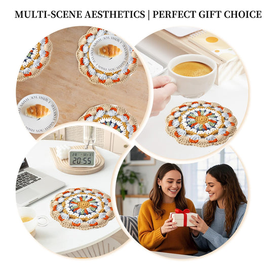 5.9 Inch Handmade Crochet Coaster, Non-Slip Cotton Drink Coaster with Oriental Traditional Nine-Color Deer Mural Motif, for Home Office Use, for Art Lovers & Housewarming
