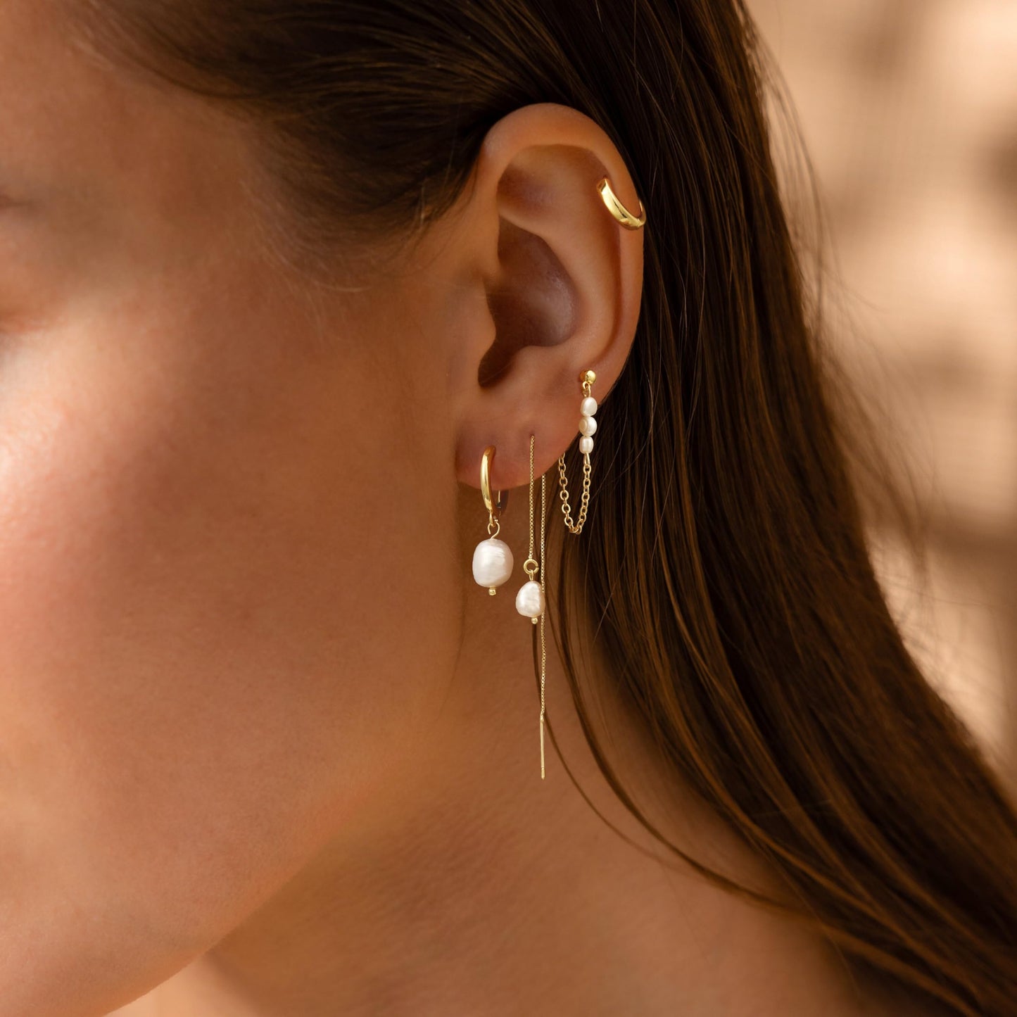 Gold Pearl Hoop Earrings for Women Non Tarnish – 14K Gold Plated Hypoallergenic Huggie Dangle Drop Earrings Set for Multiple Piercings & Cartilage, Trendy Jewelry Gift