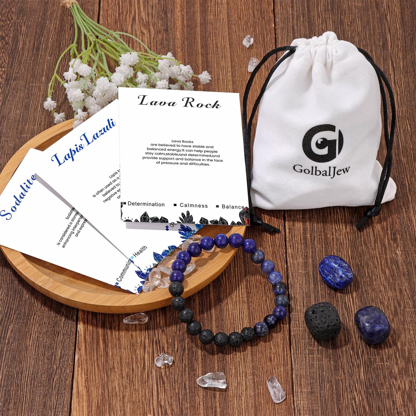 GolbalJew Natural Stone Beads Bracelet With Healing Stones Crystal Beginner Gift Set of 4 for Emotional Balance, Blue Lapis Lazuli, Lava Rock, Sodalite, Apatite, Turquoise, Amazonite, Obsidian, Hematite, Tiger's eye Palm Stones