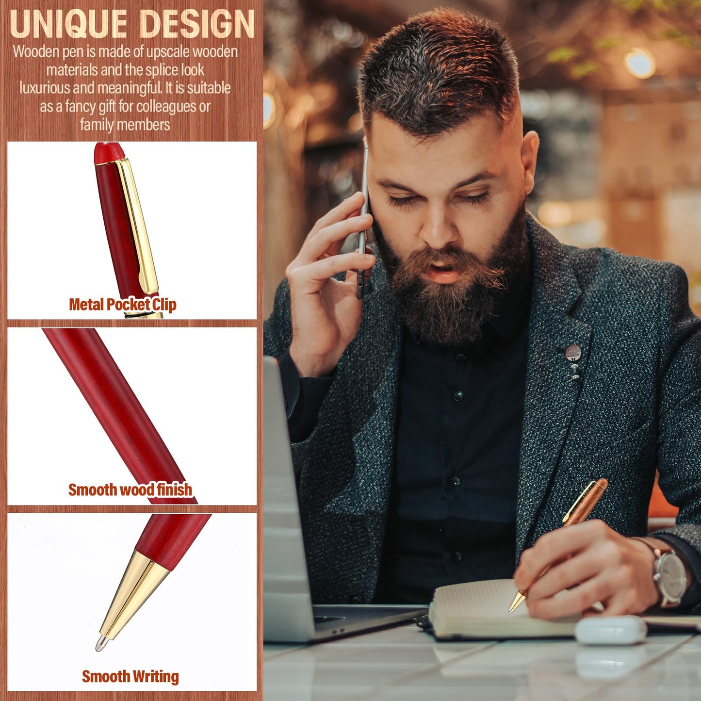 Zhanmai 3 Pack Wooden Ballpoint Pen Gift Set Handmade Writing Pens for Journaling with 3 Pen Gift Box Display Case Appreciation Thank You Gifts for Men Women Christmas Gift Employee Office Supplies